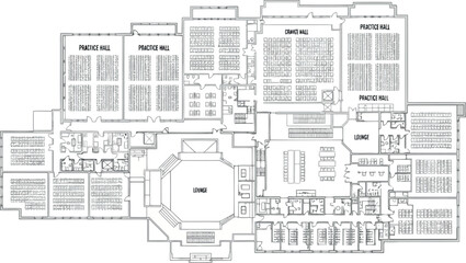 Vector art of architectural floor plan of a large building with multiple halls, rooms, and seating areas