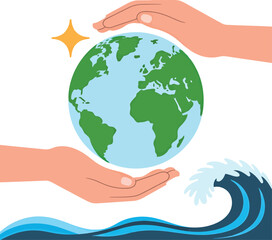 Hands protect earth planet ocean waves environment conservation vector Hand drawn