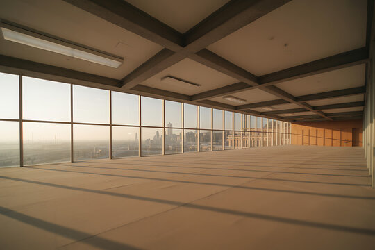 Expansive modern office space bathed in warm sunlight with stunning city skyline views, perfect for corporate relocation or startup expansion.