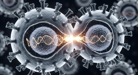 Highly detailed illustration of micro virus particles with DNA strands in a dark background, showcasing their intricate structure and replication process with a sense of depth and