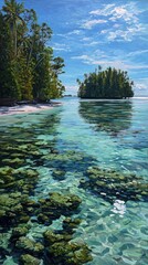 A serene tropical beach scene showcases lush vegetation and crystal-clear turquoise water, reflecting the vibrant blue sky.