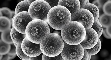 High-magnification microscopic view of numerous spherical particles with textured surfaces, arranged densely together in a grayscale composition.