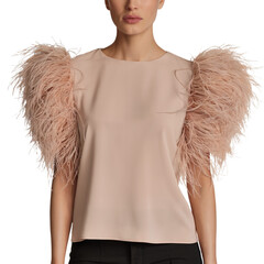 Fashionable pink blouse designed with bold and dramatic feather sleeves