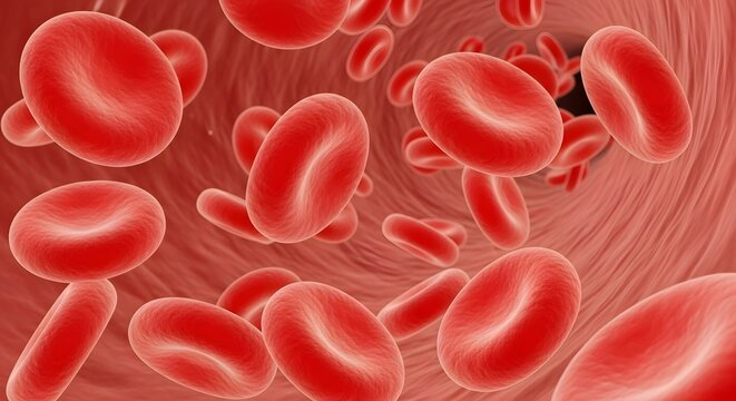 A microscopic view of red blood cells flowing through a blood vessel with a dark background and a sense of dynamic movement.