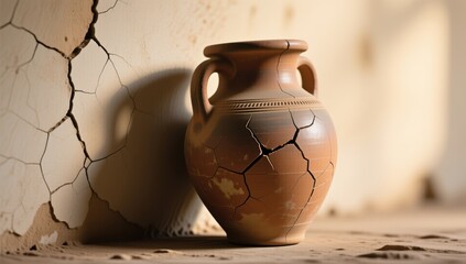 Cracked ancient pot abandoned room still life natural light close-up