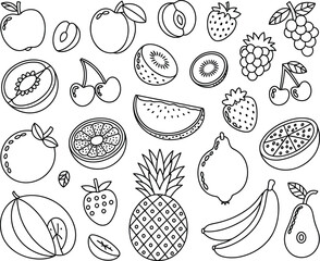 Minimal line art fruit vector set, simple outline illustrations, tropical fruits, summer food icons, healthy eating doodles, modern kitchen wall art
