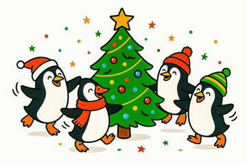 Horizontal Christmas vector illustration of four adorable penguins in winter hats and scarves dancing joyfully around a decorated Christmas tree with colorful ornaments, stars, symbolizing holiday joy