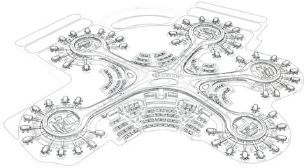 Vector art of architectural sketch of a futuristic urban development