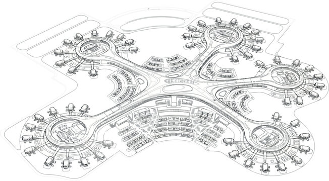 Vector art of architectural sketch of a futuristic urban development