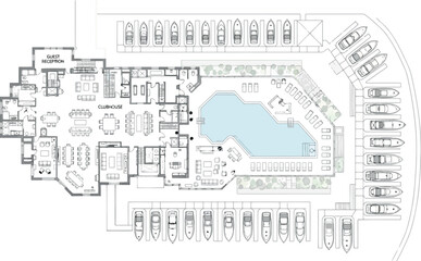 Fototapeta premium Vector art of architectural floor plan of a luxury waterfront villa with a marina