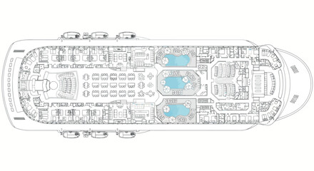 Vector art of aerial view blueprint of a cruise ship deck plan with pools, seating, and cabins © SampaRani