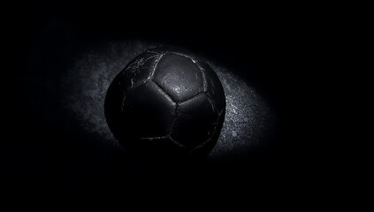Worn Black Soccer Ball on Dark Textured Surface in Dim Light football