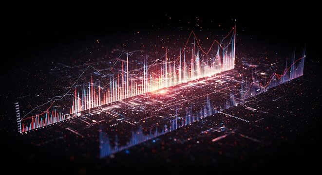 Abstract digital data visualization of a glowing financial market chart