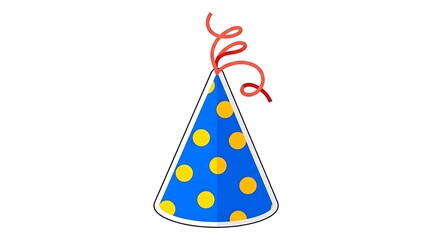 Blue Party Hat with Yellow Polka Dots and Red Ribbon on White Background