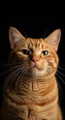 Fototapeta premium Majestic Portrait of a Ginger Cat A Close-Up Studio Shot Showcasing the Feline's Striking Orange Fur and Intriging Gaze, Against a Deep Black Background