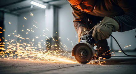Skilled craftsman sparks fly while grinding metal