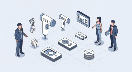 Isometric Pixel Art of Business Professionals Discussing Thermometer Technology in a Light Blue Background with White Accents Featuring Data Charts and Detailed Product Representations Design