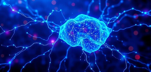 Intricate neural network, glowing blue, abstract background,  neuroscience,  network