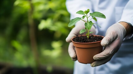 Biologist Hands Holding Small Sprout in Brown Pot scientist