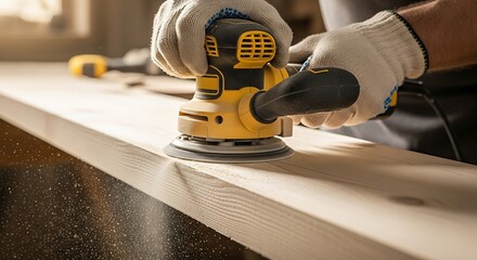 Carpenter using power sander on wood.