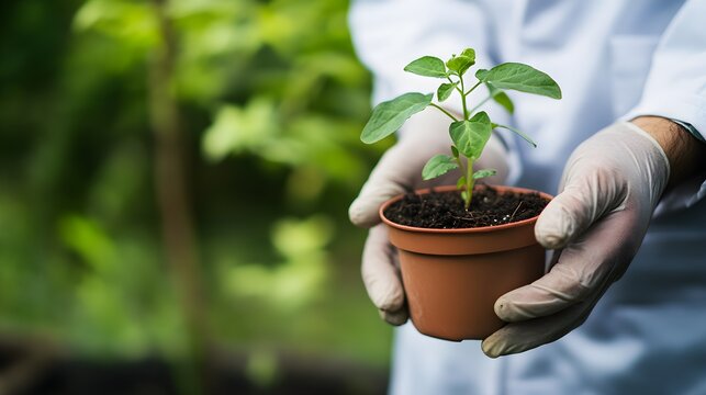 Biologist Hands Holding Small Sprout in Brown Pot scientist - Powered by Adobe