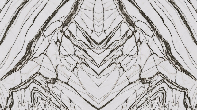 A symmetrical abstract pattern of white and gray marble-like textures forming a triangular design.