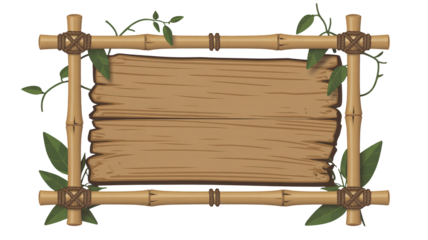 Rustic bamboo framed wooden sign with jungle vines and leaves, perfect for adventure or tropical themes