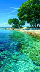 A tranquil beach scene boasts vibrant turquoise water reflecting a lush green shoreline with towering trees beneath a clear blue sky.