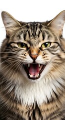 Close-up portrait of a domestic long-haired tabby cat hissing and displaying its teeth, emphasizing its fierce and aggressive demeanor against a white backdrop