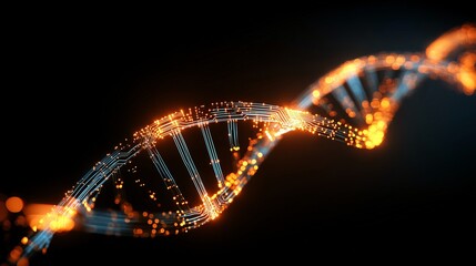 Glowing DNA helix composed of neon circuit elements dark background, symbolizing futuristic biotechnology and genetic engineering. vibrant orange and blue lights create dynamic and innovative