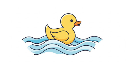 Flat Icon of Rubber Duck Floating on Blue and White Striped Waves – Minimal Cartoon Design