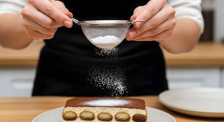 Chef hands dusting powdered sugar on classic tiramisu dessert in the kitchen.