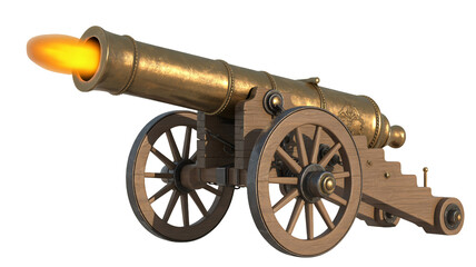 Powerful golden cannon fires blazing projectile, symbolizing historical might and explosive action for dynamic storytelling and impactful designs