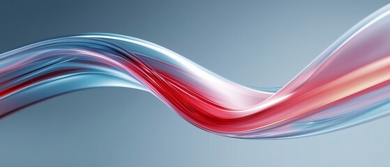 Dynamic, translucent wave of red and blue fluid arcs gracefully across soft gradient background, creating sense of motion and fluidity
