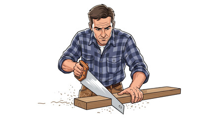 Illustration of a focused carpenter sawing wood with hand saw expertly