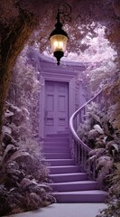 A winding staircase, enveloped in lush purple foliage, leads to a vintage-style door, illuminated by a hanging lamp.