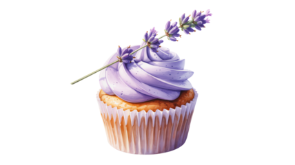 Delightful lavender cupcake with delicate frosting and fresh sprig offers a sweet taste of Provence, perfect for culinary inspiration.