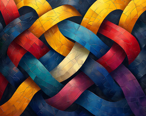 A colorful abstract painting of interwoven ribbons with a textured and mosaic like appearance overall