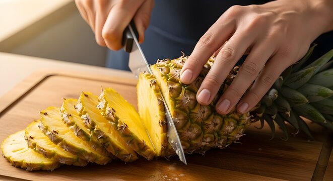 Close up of hands slicing a fresh ripe pineapple on a wooden cutting board.