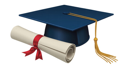 Celebrate academic achievement with this classic blue graduation cap and rolled diploma featuring a vibrant red ribbon, perfect for commencement announcements and educational themes.