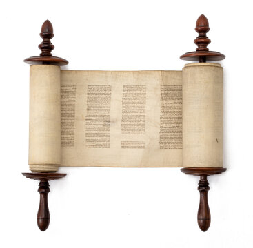 A Torah scroll rolled open, isolated on white.