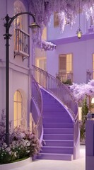 A captivating spiral staircase of vibrant purple ascends through a lushly landscaped courtyard, adorned with cascading purple blossoms and soft lighting.