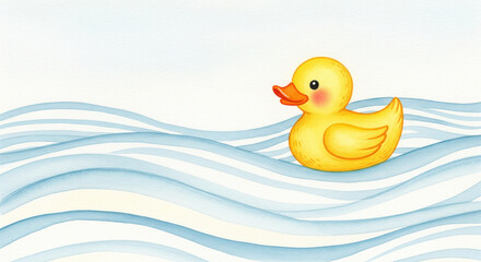 Watercolor Illustration of Rubber Duck Floating on Blue and White Striped Waves – Whimsical Artistic Design