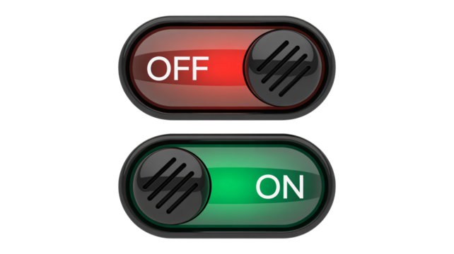 Sleek modern on off toggle switches illuminate with vibrant red and green states, symbolizing control and choice for digital interfaces.