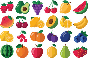 Assorted colorful flat design fruits including berries apples bananas and watermelon raspberry avocado