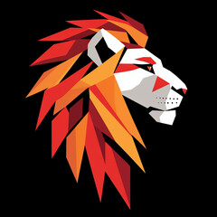 Geometric lion head in fiery red and orange, abstract vector illustration on black background