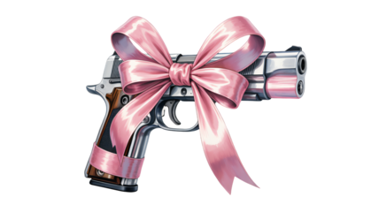 Unexpected gift a gleaming handgun adorned with a delicate pink satin bow symbolizing danger and surprise for unique conceptual projects
