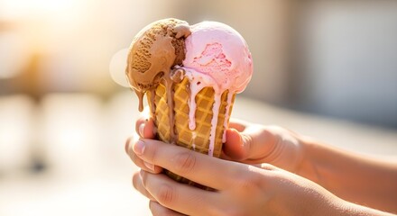Hands holding a melting double scoop ice cream cone in the summer sun.