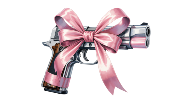 Unexpected gift a gleaming handgun adorned with a delicate pink satin bow symbolizing danger and surprise for unique conceptual projects
