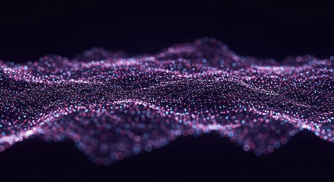 Abstract digital particles wave with blurred depth of field on dark background